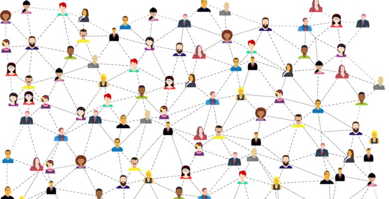 The image depicts a network of diverse individuals represented by simplified figures, each connected by lines, creating a web-like structure. It appears to be a visual metaphor for a community or a social network, illustrating how people are connected to one another, symbolizing relationships, communication, cooperation, or the exchange of ideas. The variety of characters suggests inclusivity and diversity within this network, aligning with principles like solidarity, collaboration, and social interconnectedness. This image could represent a solidarity economy’s network, where different actors work together towards common goals of social equity and mutual support.